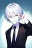 Placeholder: plauge doctor in balck leather coat and suit with silver hair, pale skin and bright green eyes smiling with sharp teeth, nice young face, male, viscious smile, face close look