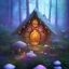 Placeholder: fairy fantasy house in the forest, blue and pink lights mushrooms and big flowers around