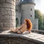 Placeholder: the curly redhead from the medieval world lies on her back on the balcony of the tower of the castle, she wears a swimsuit