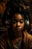 Placeholder: earthy black young woman listening to music with headphones, soul, peace, majestic, earthy colours, at peace, happy, incense, jewels, bands, natural, old school headphones, asian eyes, incense no eyelid wrinkles, darker skin tone