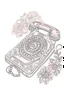 Placeholder: A delicate, floral-patterned phone with a curved receiver rests on a lace doily. A handwritten note with a heart drawn on it lies beside it. Style: Art Nouveau, Mood: Romantic, Lighting: Soft, diffused light with a warm pink hue, T-shirt design graphic, vector, contour, white background.