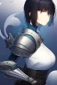 Placeholder: Motoko Kusanagi from "Ghost In The Shell (1995)", clad in medieval stell plate armour, melancholic, alone, big blue eyes, perfect, beautiful, black hair, correct proportions, androgynous