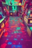 Placeholder: A dark photo an 80's aesthetics arcade at night, with a lot of functioning arcade machines, a vaporwave floor and some colorful tiles in between the floor