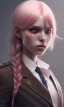 Placeholder: girl, cute, beautiful, pink hair, brown eyes, pigtails, bangs, knife in hand, blood on face, by Greg Rutkowski, big boobs, blazer, yandere