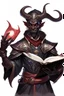 Placeholder: En male black skin tiefling fra dnd holding a book with Arcane Magic simple swirling around them