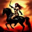 Placeholder: ultra detailed portrait of beautiful Red Sonja Riding a Black Horse and wearing a bikini plate armor, extremely detailed digital painting, extremely detailed face, in the style of Robert E. Howard ,mystical colors, rim light, beautiful lighting, 8 k, stunning scene, raytracing