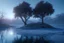 Placeholder: Ice blocks, one tree, night, lagoon reflection, sci-fi, epic,