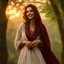 Placeholder: Hyper Realistic Close-up-view of a Beautiful-Young-Happy-Pashto-Woman-with-beautiful-eyes-Smiling with-white-dress-with-maroon-shawl & breeze-whirling in a jungle-with-tall-trees & cloudy-sunset-&-sun-rays showing dramatic & cinematic ambiance