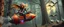 Placeholder: hairy macho gremlin octopus lizard alien couple living in a hi tech marvellous hot dog art graphics and gems on rocket with a mounted sling shot mega harpoon, heading for venus , background motion blur and smoke swirls, and cheeky geese through giant forest with thick tree stumps and grainy textured trees
