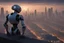 Placeholder: Humanoid looking robot looking out over an alien town skyline at dusk