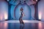 Placeholder: modern stage with gray-blue theme artistic decoration , color full dynamic lighting, a beautiful lady in pants and blouse with shining silver jewels dancing, 3D recursive fractal structure animating background