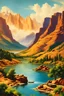 Placeholder: Create a render: mesmerizing vintage travel poster that beautifully captures the enchanting allure of the 1950s, vividly showcasing the nostalgic charm of the Colorado River. Infuse the artwork with the distinctive artistic style of Albert Bierstadt, ensuring that it exudes the timeless grace and scenic splendor of that era.