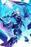 Placeholder: neon blue, flying parts of armor in form of triangles, cyber armor, geometric patterns on armor, male, orbiting triangle, armor drones