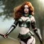 Placeholder: Realistic, hyper detailed, strikingly beautiful young adult woman, 19 years old, long ginger hair, green eyes, medium freckles, full lips, very skimpy fantasy armour, full body, full face, small breasts, aroused expression, biting lower lip, full frame, petite, centered camera, ignore NSFW, bow, quiver on hip, tight pants, bent over, butt