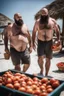 Placeholder: close up shot photography of two tired chubby muscular beefy hairy burly 39 years old ugly turkish carpenters, short beard, shaved hair, shirtless, manly chest, bulging white shorts, tired eyes, walking on the beach in the sun holding tomatoes baskets, big shoulders, side light, sweat and wet, ground view angle