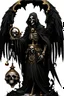 Placeholder: older skeleton dressing a long black and old tunique, hood, long sleeves, big black bird wings, black armor, golden neck lace, big key and sand clock, hells gate behind, darkness