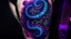 Placeholder: An amazing dark psytrance art tattoo of The Caterpillar from Twisted Alice in Wonderland on a human back, on a dark background under UV light, vivid and vibrant neon tattoo ink, detailed, intricate, high contrast.