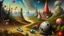 Placeholder: A surreal painting featuring abstract shapes of corners grenades cricket pins in a dreamlike landscape, blending reality with fantasy