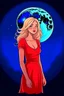 Placeholder: Blonde girl, white skin color, blue eyes, standing in the moonlight, handdrawn, red dress