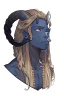 Placeholder: A tieffelin with blue skin and white Dreadlock hair. His pupil-less eyes are green. He wears a small beard. His horns are black and curved backwards. He wears a beige tunic.