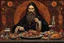 Placeholder: Mystical mad monk Rasputin legendary figure of Russian folklore sitting at a messy feast, hands and face disgusting and dirty from eaten food, empty wine glasses and bones of eaten meat, wild mad eyes crazily wide, beard filled with food and spittle, dramatic kinetic energy encapsulated, digital illustration accentuating intricate Russian motifs, traditional costumes brimming with details, hyper-realistic, high contrast lighting, ultra detailed, historic