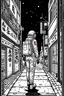 Placeholder: Vintage 90's anime style. a lonely astronaut walking down the street; by Hajime Sorayama, Greg Tocchini, Virgil Finlay, sci-fi. line art. Environmental arcade art.