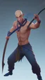 Placeholder: A young male water genasi with deep blue skin color, water shape dred hair on head. Shaolin monk with long stick weapon, kung fu master, martial art