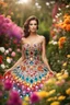 Placeholder: Photograph Beautiful woman wearing dress made of colors diamonds shapire and jewels in a flowergarden