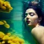 Placeholder: Lale Mansur underwater with yellow flowers for hair, closed eyes, rtx, reflection, 8k, glow, winning photography, caustics