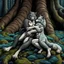 Placeholder: an anthropomorphic wolf-man hybrid in dark gray body hair and anthropomorphic wolf-female hybrid with pale gray body hair lie down hugging each other with paws on their backs on blue-green moss around brown huge trunks trees, raini day, high contrast, high detalied, high realistic, around in background giant tall alien trees, atmospheric, dark fantasy, sci-fi mood