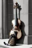 Placeholder: One single mature cat, sleeping in a corner on the street, violin case, Vienna, model style, hyper realistic, extremely accurate, delicate, extremely detailed, Graphic novel style, wide-angle, open aperture, superfine pencil