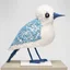 Placeholder: a surrealist sculpture of a bird made of white and blue buttons,by artist "Meret Oppenheim"