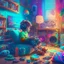 Placeholder: A boy is sitting on the sofa in his room listening to music with headphones, and his toys have come to life and are playing around him. A room full of joy and color, digital art, anime, 4k, full details, high resolution, cinematic