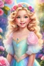 Placeholder: Adorable digital painting of a beautiful little girl in a gorgeous rainbow princess dress, portrait of Elsa, sparkling crown, front view, beautiful smile, shiny golden curly hair, angel eyes, beautiful face, rosy cheeks, pink lips, Elsa face, digital art, surrounded by paradise garden and roses in the background, romantic style, pastel world, high quality, 4k