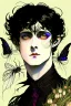 Placeholder: black haired young Victorian man fairy with insect wings like a fly, and insect eyes wizard in the style of Harry Clarke