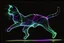 Placeholder: black background, outlines of a full-figure jumping holographic cat, drawn from thin neon-coloured glowing lines