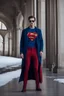 Placeholder: A guy on a winter fashion runway with moderna clothes inspired by Superman style, embroidery elegante fashion