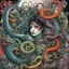 Placeholder: [Shattered Image by multiple bands of collage, distorted colours, double exposed] Surpanakha's vengeance knows no bounds, surrounded by all type of curvy, Wired and Twisted creatures: snakes, worms, vines, creepers