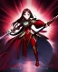 Placeholder: full body picture of a young woman with long brown hair, fantasy, dark, wearing black and red leather fantasy armor, evil, red eyes, smirk, confident, arrogant, anime, high resolution, hi res, detailed, intricate, fighting, warrior, detailed background, 8k resolution