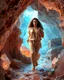 Placeholder: make a picture pretty crystal cave covered with jwells and 3d recursive cubic and sphere base pearls and Gemstone species, a beautiful goddess lady with curvy hair,makeup, in pretty modern today pants and loose shirt with jewels is running inside cave ,dynamic camera fallow her inside cave capturing full body, dynamic lights.