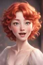Placeholder: A short girl with thick short wavy red hair, narrow kind eyes with an enthusiastic look. A wide oval face is decorated with an upturned nose and small lips in the style of genshin impact, a ballerina dances