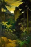 Placeholder: A dark gold rainforest near a big city high rise buildings surrounded with rocks, painted by Paul Gauguin