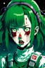 Placeholder: 90s anime sci fi green hair space Captain girl blood on face scared, rattled and shook, violent atmosphere, retro manga style, hyper detailed, Japanese horror, junji ito,