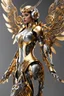 Placeholder: Full body photography of Lady Angel cyborg straddle wings, detailed, intricate,gears cogs cables wires circuits, gold silver chrome copper