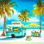 Placeholder: A wonderful palm beach on an exotic tropical island, white sand, crystal blue water, a wooden dock with green, yellow and blue wooden chairs, a food truck