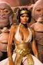 Placeholder: Zendaya in princess Leia's slave costume of the Return of the Jedi, close to Jabba the Hutt.