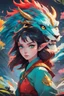 Placeholder: A dragon mixed with a mythical lion and a human female elf.Dramatic and powerful look and feel. Extensive attention to details. Bold lines. Vivid colors. 80s style retro anime art. Double exposure. cartoon style. abstract atyle