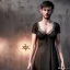 Placeholder: Realistic photo short hair boyish boylike (boyish face) beautiful cleavage lace neckline (short mens haircut) (thin waist) (wide hips) lacy nightgown the room of black magic with amulets of evil forces and symbols of black magic on the walls