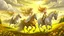 Placeholder: Fantasy digital art: fairies with golden hair, and white dresses descend from fluffy clouds towards a meadow with brown horses