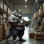 Placeholder: a fat anthropomorphic wolf-man wearing t-shirt pants and red belt around his waist looking at several item lists in his paws in a large warehouse, around some boxes and wooden crate, an another anthropomorphic wolf-man just half visible in the doorway as he looks at him, detailed, realistic, sci-fi, anthro mood, fantasy